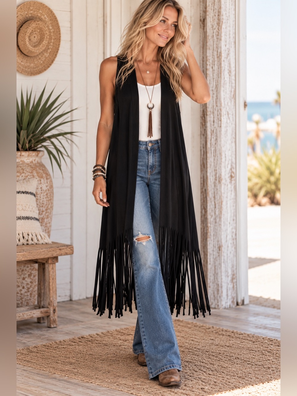 JODIFL Black Sleeveless Fringe Duster Vest